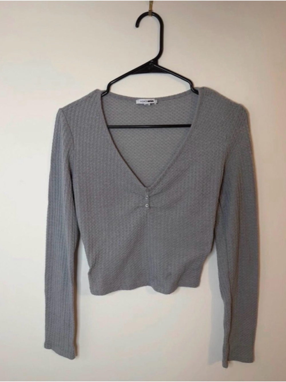 Fashion Nova Gray Ribbed V-Neck‎ Button Long Sleeve Top